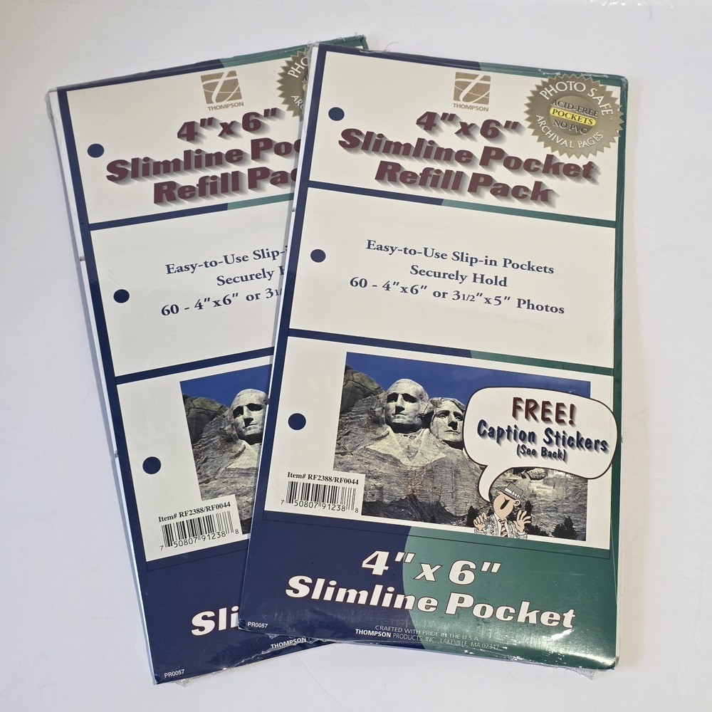 Vtg Thompson Slimline Pocket Refills 4" x 6" Holds 60 Photos Captions 2pks